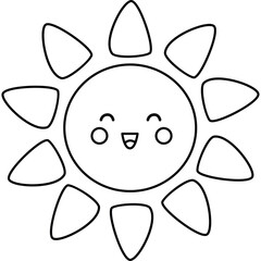 Outline Drawing of a Happy Sun Character with Smiling Face and Ten Rays on Transparent Background for Coloring or Educational Purposes