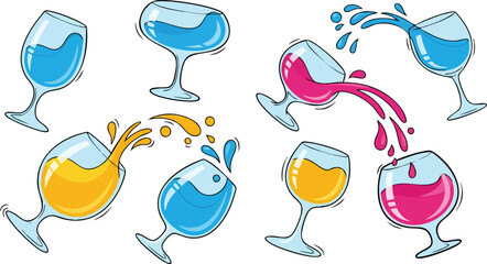 Various Wine Glasses with Splashing Colorful Liquids in Pixel Art Style Against White Background