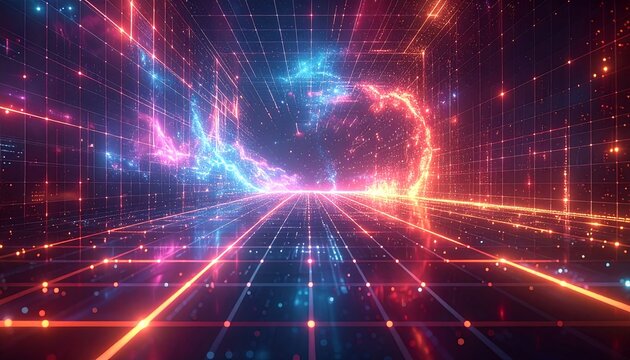 Abstract neon grid with blue and orange light flares creating a futuristic portal or tunnel effect