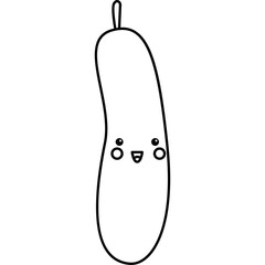 Outline drawing of a smiling cartoon cucumber with happy eyes on a transparent background