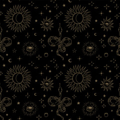 Hand drawn linear golden vintage ornament with magic symbols. Seamless Textile Design For Printing. Vector illustration.