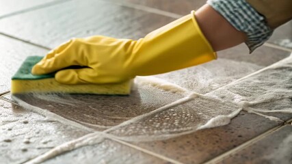 Yellow gloved hand scrubbing tiled floor with soapy sponge and foam while cleaning grout with glove scrubbing action showing textured grout