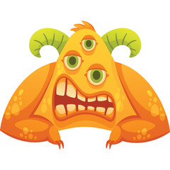 Orange Three Eyed Monster with Green Horns and Fangs Expressing Anger with a Cartoonish Grin