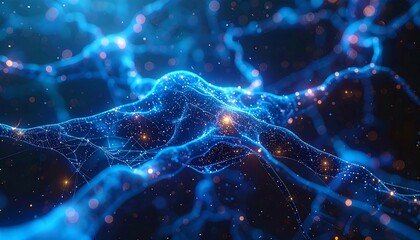 Abstract network illustration, bioluminescent blue streams, dots and connections in dark space with glowing orbs