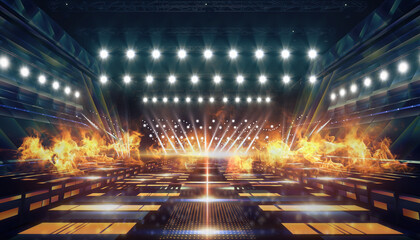 Stage with bright lights and fire effects, creating a dynamic and intense visual spectacle.