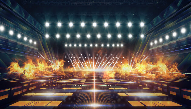 Stage with bright lights and fire effects, creating a dynamic and intense visual spectacle.
