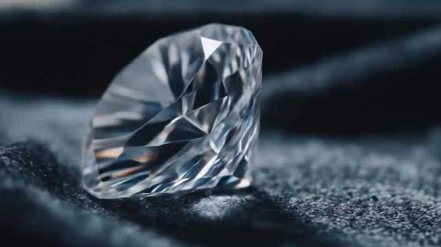 Sparkling, multifaceted gem rests on a textured surface, showcasing brilliance and reflection