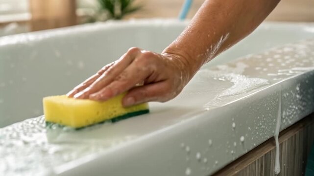 Hand sponge wash lather cleaning bathtub edge with soap and hand scrubbing soapy suds gently for bathroom maintenance and fresh hygiene