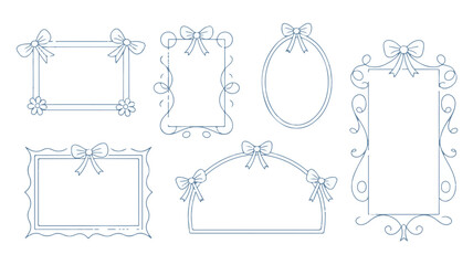 A set of five decorative frame designs drawn in blue ink on a white background. 