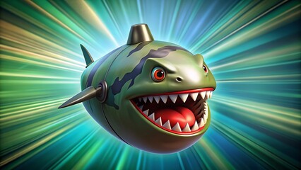 Aggressive cartoon fish with sharp teeth and angry eyes