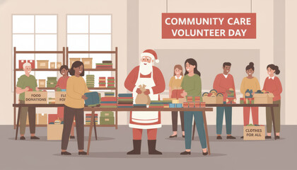 Santa Claus and diverse volunteers sorting donations for a Christmas charity event