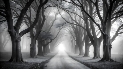 Misty forest path lined with bare trees leading to bright light