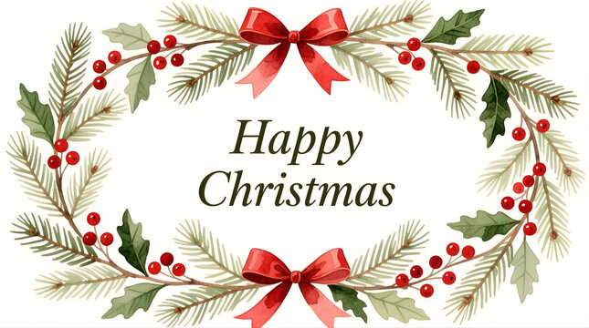  Loose watercolor garland border, pine leaves, red berries, and ribbons painted softly, “Happy Christmas” centered in elegant serif typography — balanced and artistic.