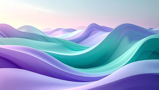 Abstract pastel waves in soft purple and teal hues under a serene sky