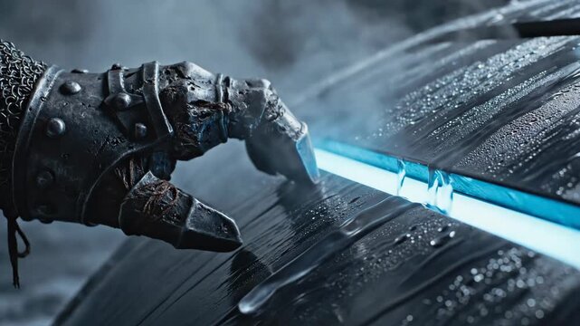 Knight's rusty, gauntlet-clad hand gently touching a luminous blue energy blade, symbolizing ancient power meeting futuristic technology in a dark, mysterious setting