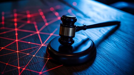 Judge gavel on digital network background symbolizing cyber law and online justice technology
