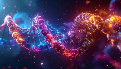 Abstract render of a DNA strand, glowing in blue, pink, and orange with particles floating around it