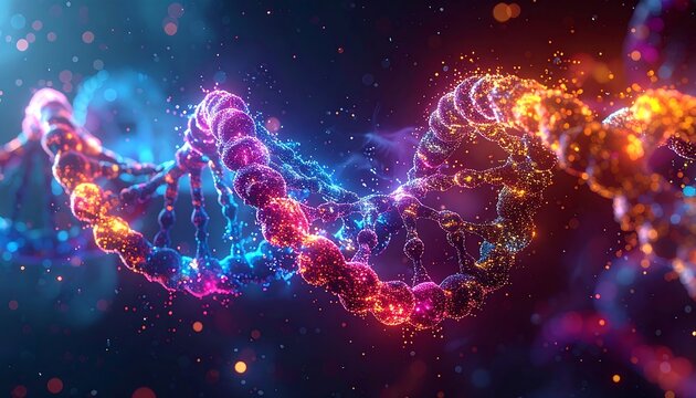 Abstract render of a DNA strand, glowing in blue, pink, and orange with particles floating around it