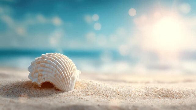 Close-up of seashell on sand beach with sun and bokeh, soft colors, and ocean background