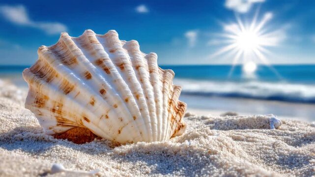 A large, textured seashell rests in sand on a sunny beach, waves and blue sky background