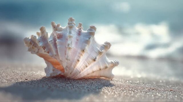 A detailed image of a seashell sitting on a sandy beach with the ocean in the blurry background