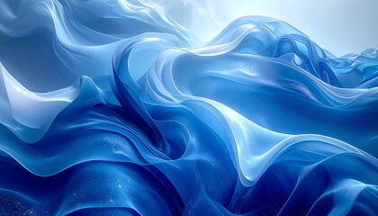 Abstract rendering featuring blue, flowing, translucent shapes, evocative of movement and light on a watery surface
