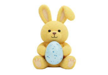 Adorable yellow plush bunny holding a blue Easter egg isolated PNG, cute stuffed animal for spring holiday decoration