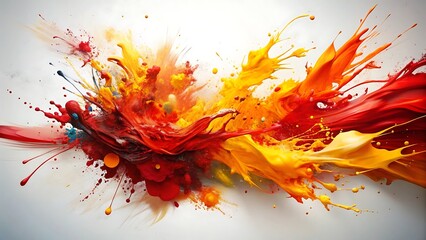 Vibrant explosion of red and yellow paint splashes on a white background