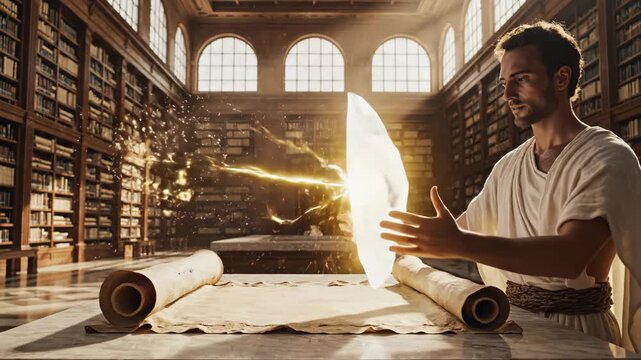 Scholar opening a scroll on a marble table, discovering ancient knowledge from a glowing crystal with a light beam in a grand library filled with books