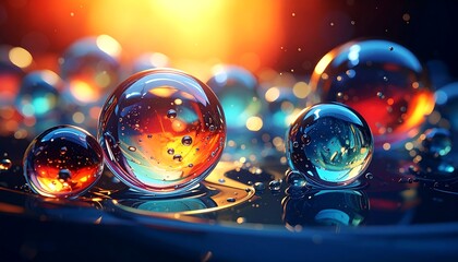 Abstract scene featuring transparent spheres on a shiny surface, reflecting vibrant orange and blue colors with bokeh background