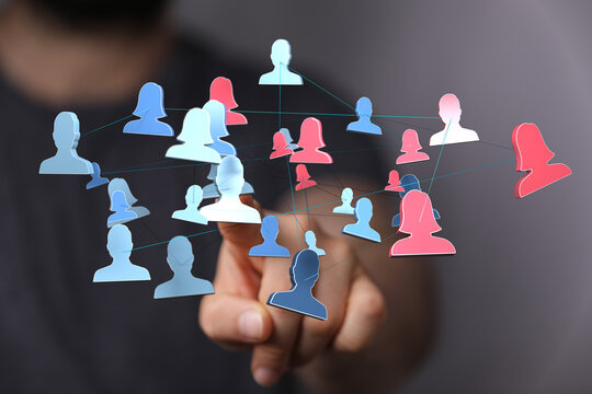 Abstract graphic representation of a digital network with people. Human network concept. Community with diverse people, communication, connectio