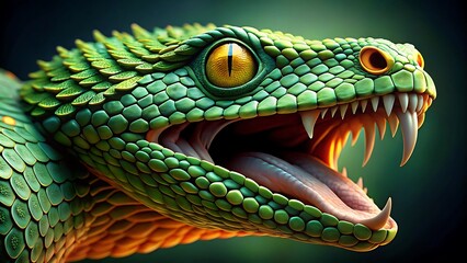 Close up of a vibrant green viper snake with fangs bared and mouth open