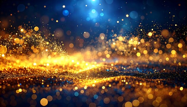 Abstract shimmering bokeh, golden orbs floating against a deep blue backdrop, creating a dreamy and ethereal atmosphere