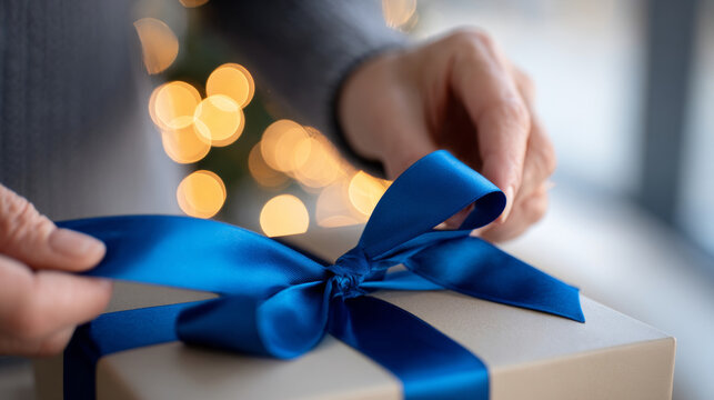 Close-up of hands tying a blue ribbon bow on a gift box with blurred warm bokeh lights in the background, creating a festive and cozy atmosphere