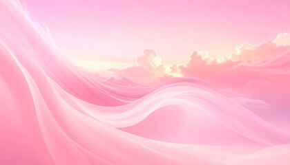 Abstract soft pink waves flow upward against a dreamy, cloudy backdrop with a gentle sunset glow