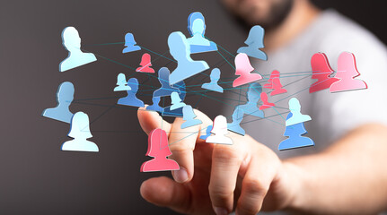 Connecting people, digital concept, network of connections. Modern social media interaction. Human hand touching icons and connections.