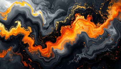 Abstract smoky swirls orange flames intertwine with dark grey and gold accents, creating a fiery, marbled effect