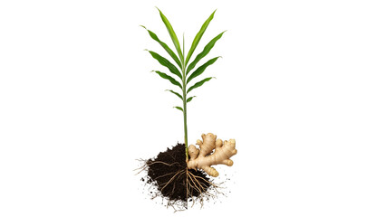 Fresh Ginger Plant with Green Shoots and Rhizome on Transparent Background