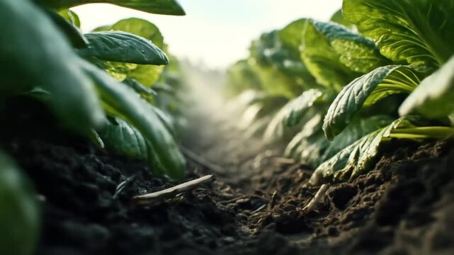 A close-up view through rows of leafy green plants in a sunlit field, focusing on earth