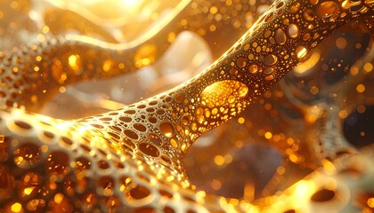 Abstract structure glows with fractal golden light, intricate patterns, and bokeh dots on a textured, porous surface
