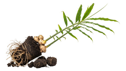Young Ginger Plant Growing in Soil with Visible Roots Against Transparent Background Isolated