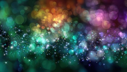 Vibrant abstract background of colorful, glittering bokeh lights and bright glowing particles against a dark backdrop for celebration themes