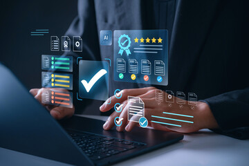 Certification and quality assurance concept. businessman using digital checklist and rating stars and quality control document, workflow validation, compliance tracking and audit process management