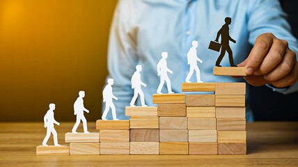 Business growth and career development concept with wooden figures climbing steps towards success
