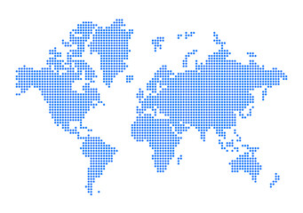 Obraz premium Global Connectivity: A representation of the world map with a mosaic style, highlighting continents and oceans through a pattern of blue dots, emphasizing global connections and geographical details.