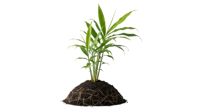 Ginger Plant with Vibrant Green Leaves Growing from Soil on Transparent Background Studio Shot Detailed Close Up Still Life
