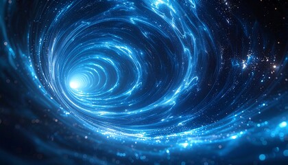 Abstract swirling blue tunnel with light at the end, suggesting a portal or futuristic travel concept