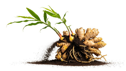 Fresh Ginger Rhizome with Green Sprouts on Soil Isolated on Transparent Background