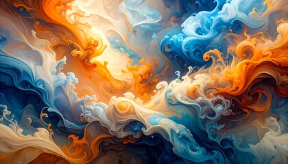 Abstract swirling clouds blend warm orange with cool blue, creating a dynamic, dreamlike atmosphere