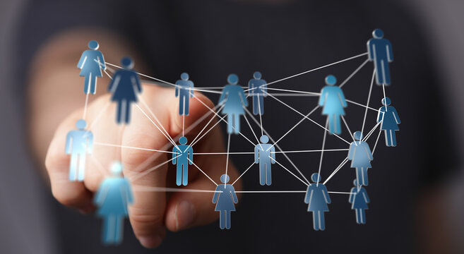 Connecting people through a digital network, teamwork and cooperation concept, social interaction. Business rel